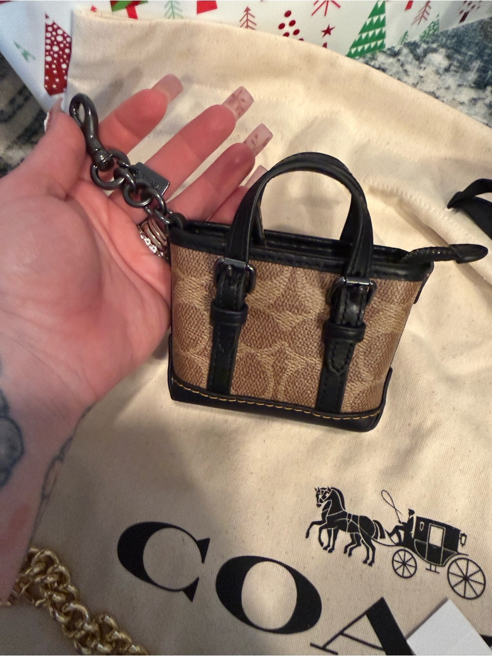 Coach Brown Mini Tote Keychain with Black Trim NWT